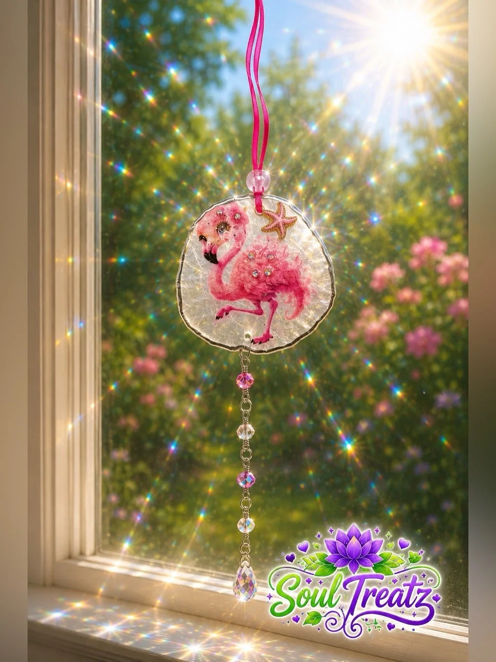 Pink Flamingo Decoupage Sand Dollar Crystal Sun Catcher
